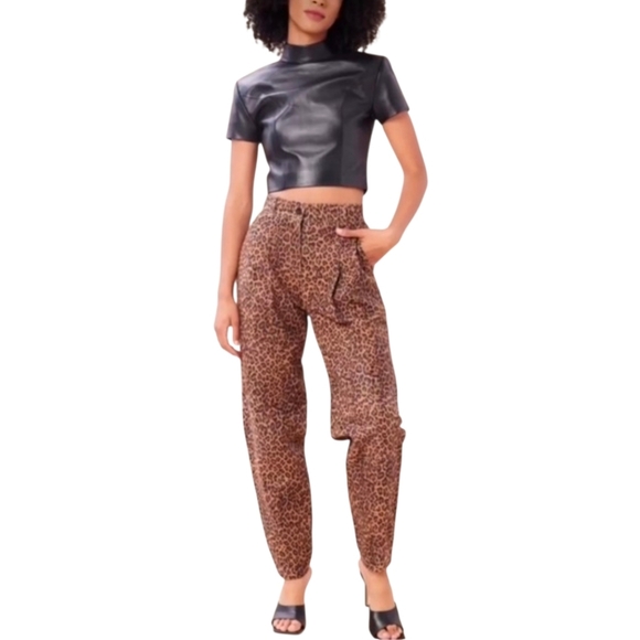 Revolve Lita By Ciara Suede Pants Size 30 Cheetah Barrel Leg High Rise Pleated